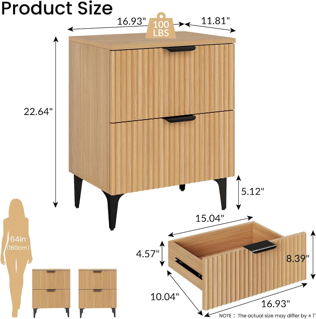 SUNWAVE Fluted Nightstand Set of 2, Modern Night Stands with 2 Drawers, Bedside Table for Twin/Full/Queen Bed, End Table with Robot-Friendly Metal Legs for Bedroom, Living Room