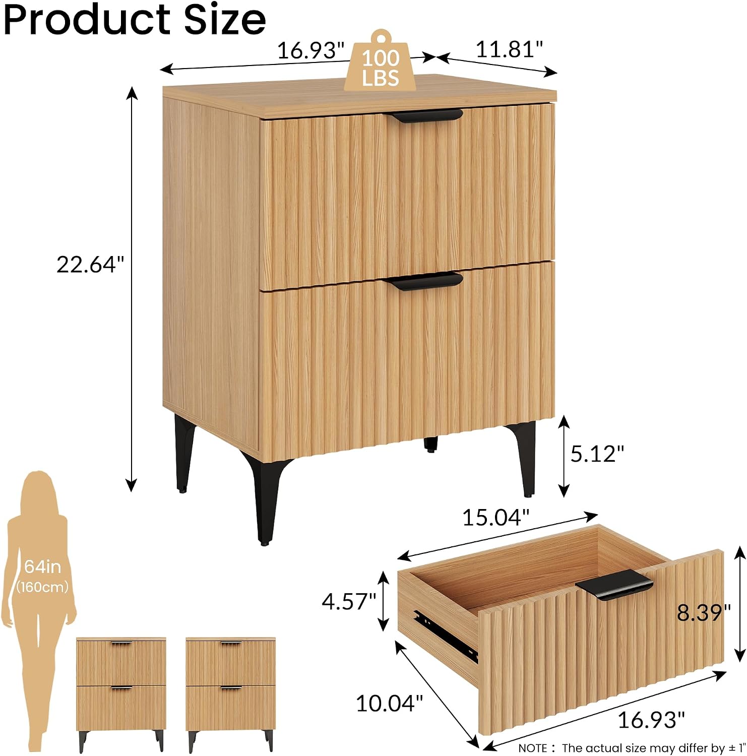 SUNWAVE Fluted Nightstand Set of 2, Modern Night Stands with 2 Drawers, Bedside Table for Twin/Full/Queen Bed, End Table with Robot-Friendly Metal Legs for Bedroom, Living Room
