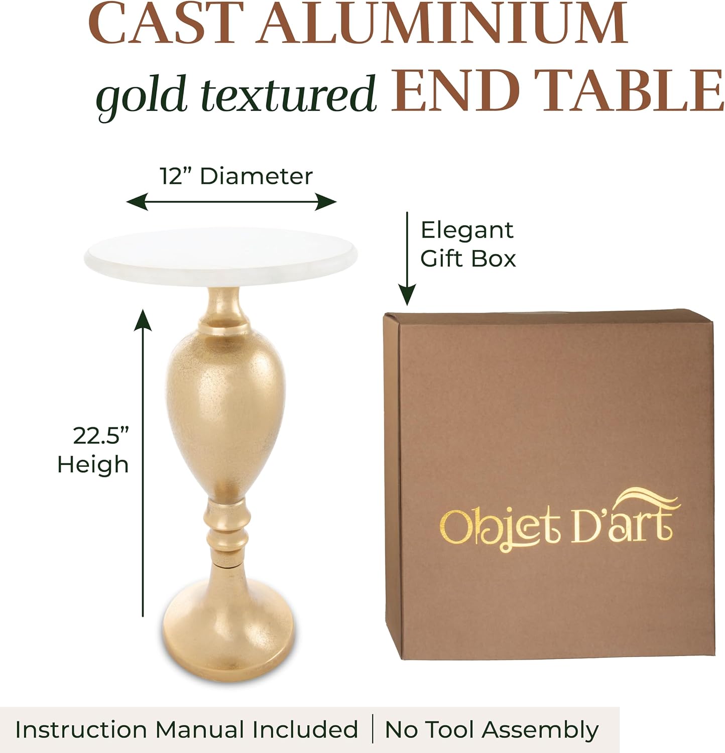 OBJET D'ART Small Round Gold End Tables, Orne, 22'' Height, Vintage Metal Accent, Side, Pedestal, Coctail and Drink Tables for Living Room and Small Spaces