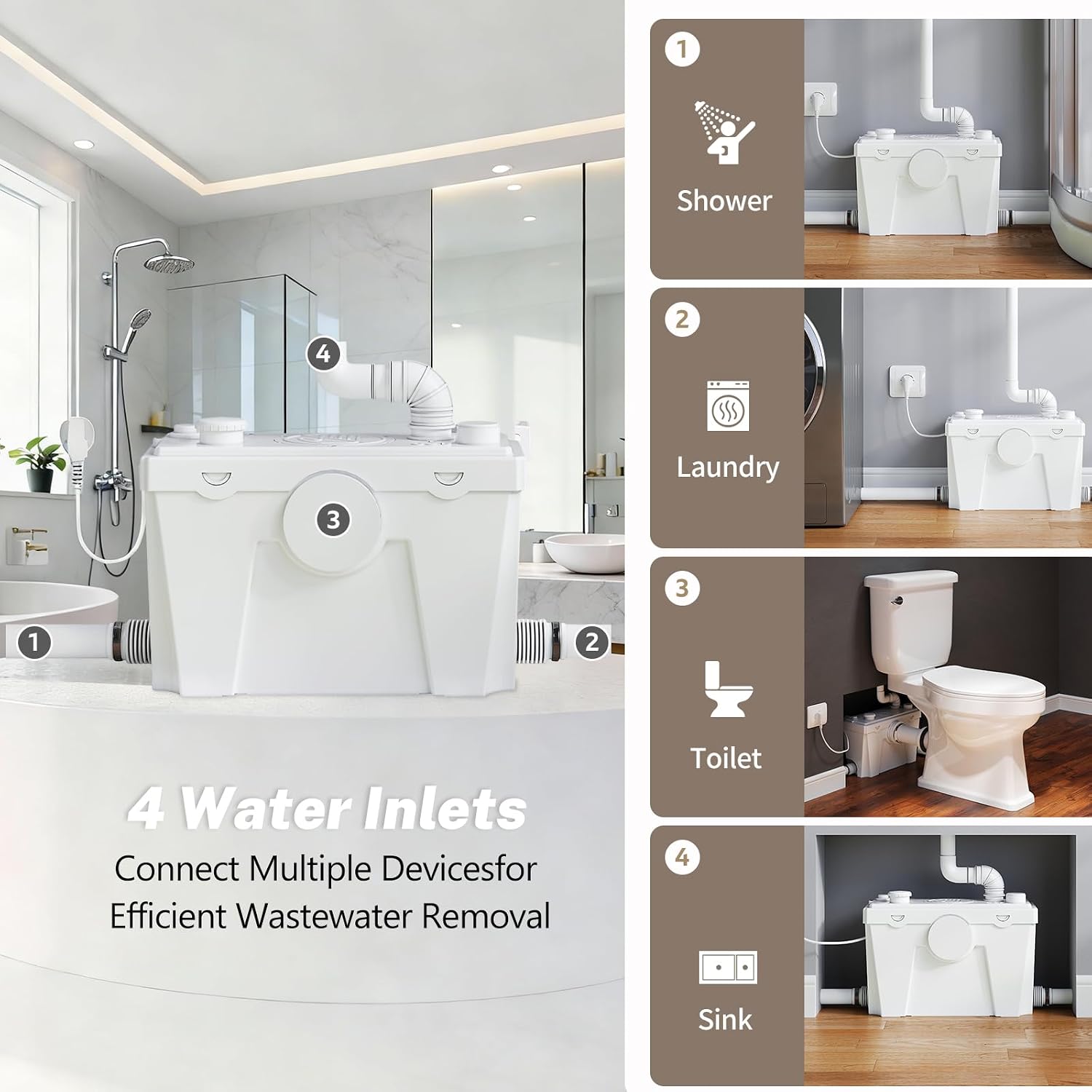 Macerating Toilet with Pump, Two-Piece Upflush Toilet For Basement, Powerful & Quiet Macerating Pump System With 4 Water Inlet, 23Ft Vertically, Elongated Bowl