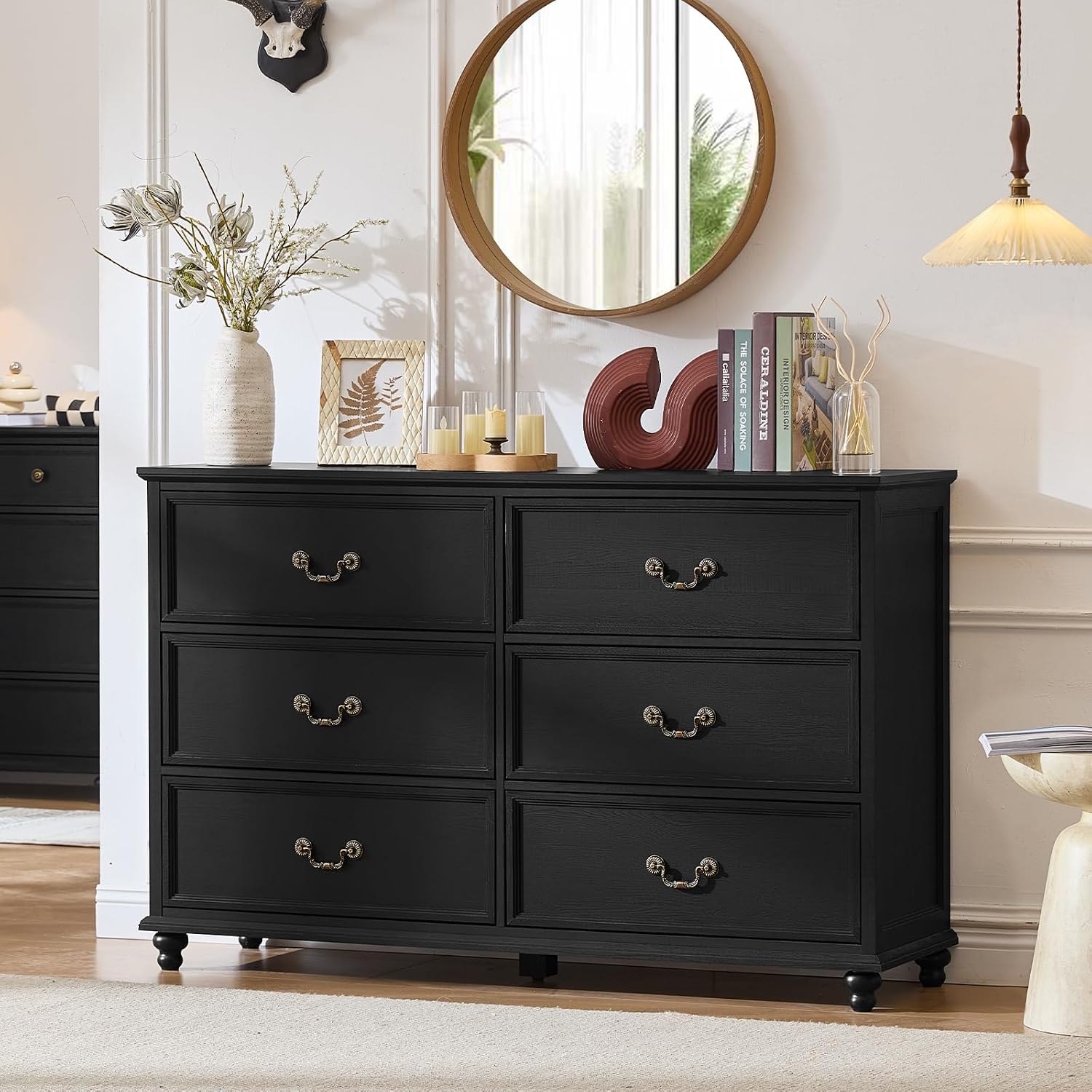 Joaxswe Farmhouse 6 Drawers Dresser for Bedroom, Vintage 54' Wide Chest of Drawers w/ 4 Wooden Legs, Rustic Large Closet Storage Dressers Organizer for Hallway, Wood TV Stand for Living Room, Black