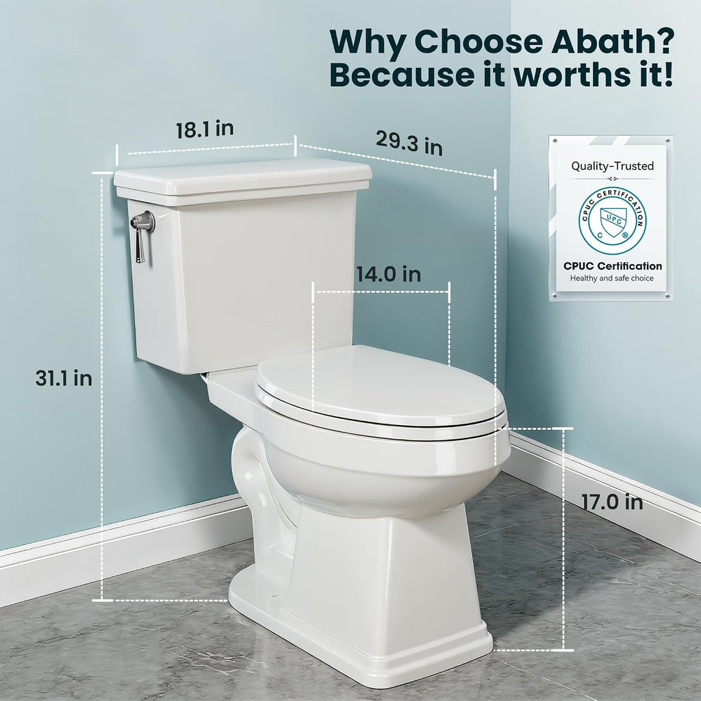 ABath 17' ADA Height Toilet Elongated with Soft Close Seat & 360° TSUNAMI Flush 1.28 GPF, WaterSense/1000g Map Certified, NANO CLEAN Ceramic, Two Piece Modern Toilets for Small Bathrooms, 12' Rough in