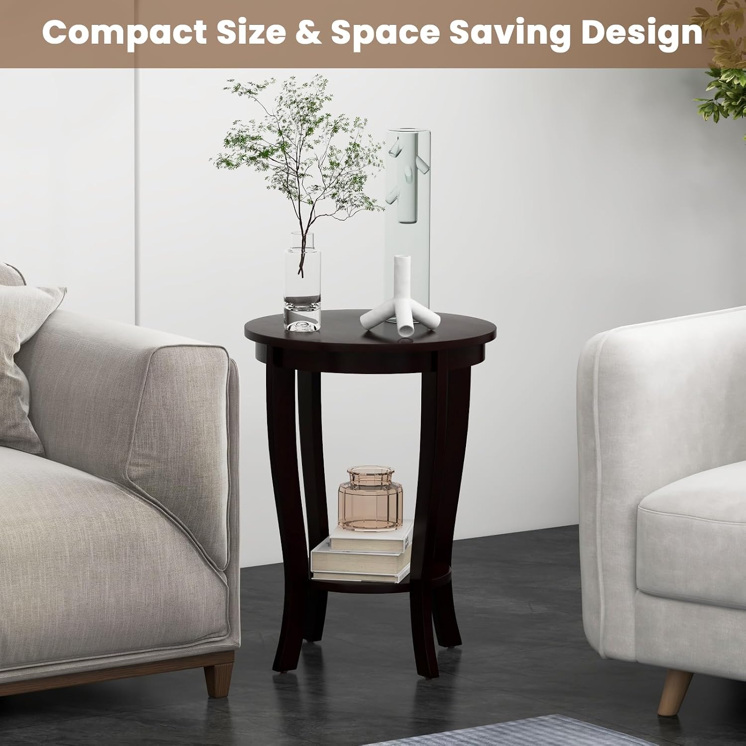 GOFLAME 2-Tier Round End Table Set of 2, 18' Sofa Side Table with Storage Shelf, Floor Tea Table with Solid Wood Legs, Compact Nightstand for Small Space, Living Room, Bedroom, Espresso
