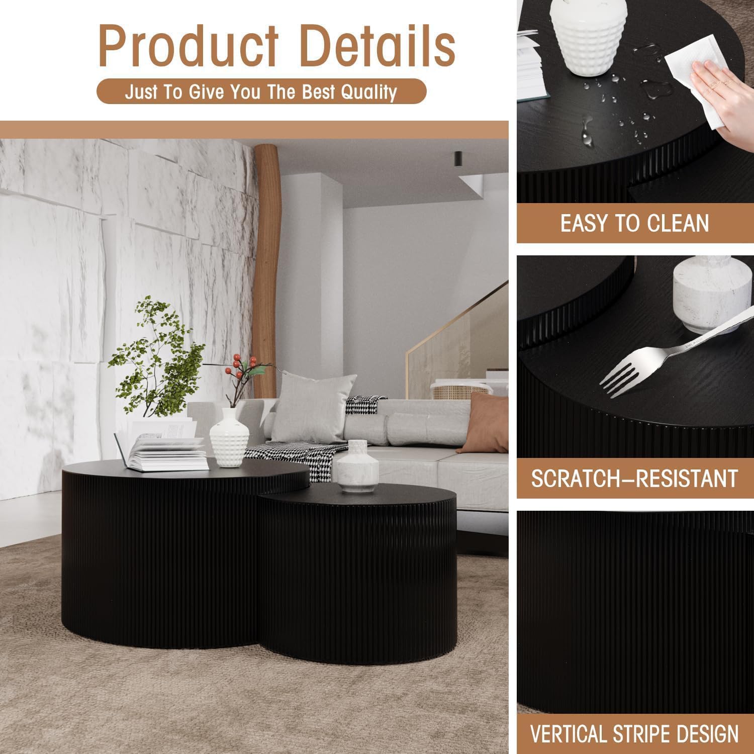 Round Nesting Coffee Table Wood Drum Nesting Tables Modern Stacking Coffee Table Set of 2 Fluted Center Table End Table for Living Room Home Office Small Spaces, No Assembling (Black Crescent)