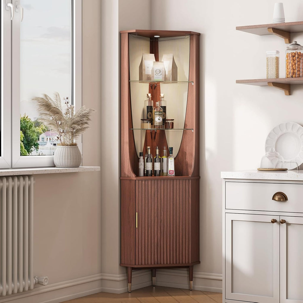 JOINICE 70' Tall Corner Bar Cabinet, Mid-Century Modern Fluted Storage Cabinet with Glass Shelves, Door & LED Lighting, Space-Saving Liquor Cabinet for Living Room, Kitchen, or Dining Room, Walnut