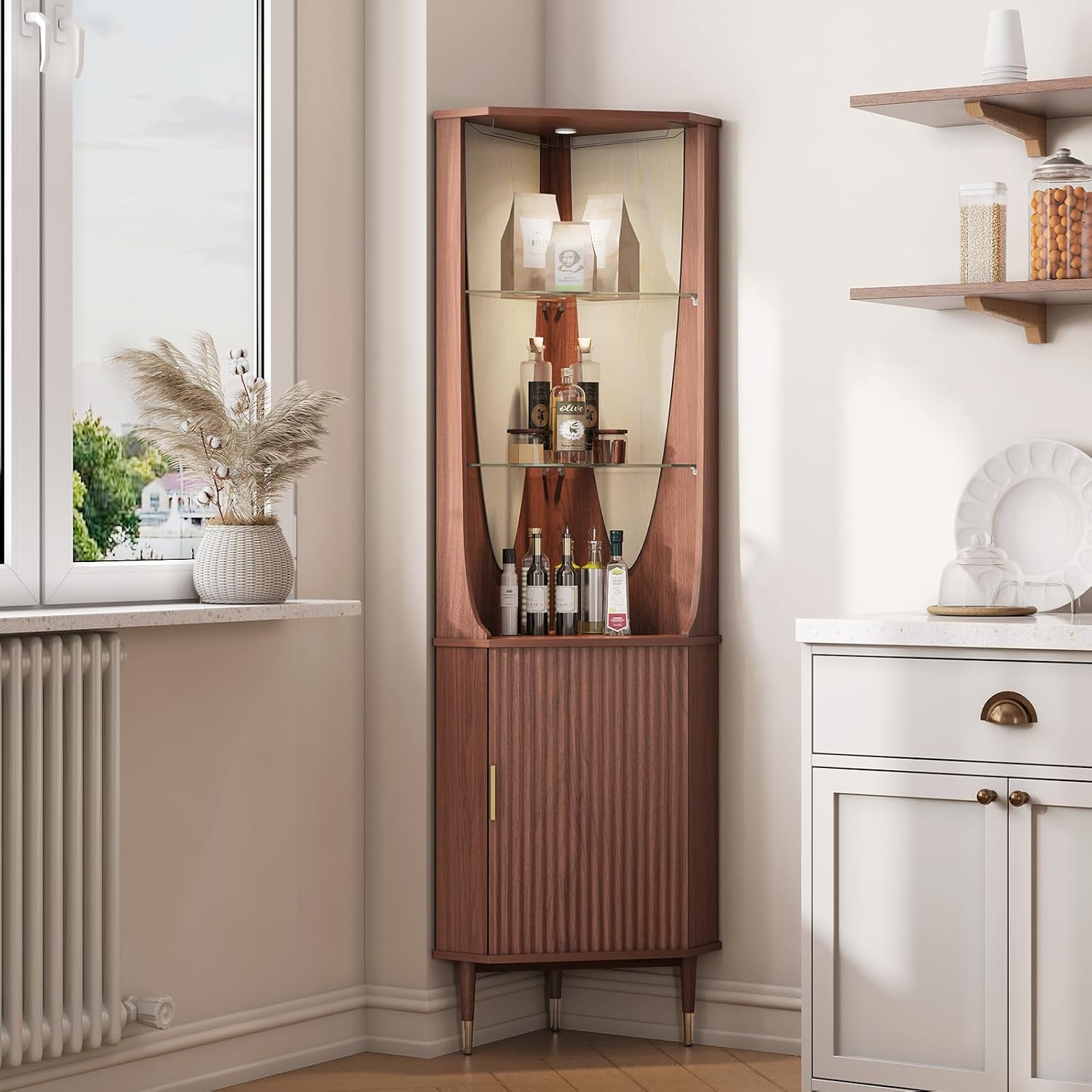JOINICE 70' Tall Corner Bar Cabinet, Mid-Century Modern Fluted Storage Cabinet with Glass Shelves, Door & LED Lighting, Space-Saving Liquor Cabinet for Living Room, Kitchen, or Dining Room, Walnut