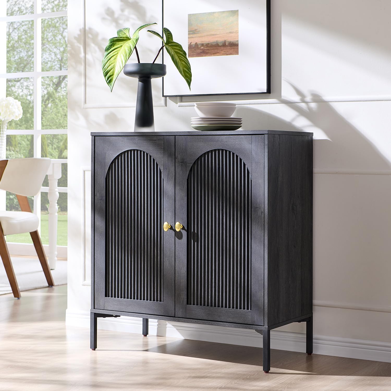 IFGET Modern Buffet Cabinet with Storage, 34' Tall Fluted Arched Sideboard Cabinet w/Adjustable Shelves, Wooden Modular Coffee Bar for Dining Room, Kitchen, Living Room, Entryway, Dark Grey