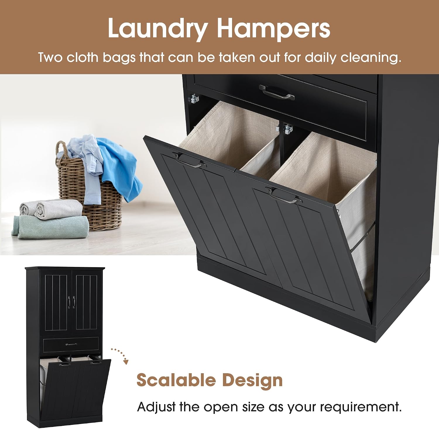 Bathroom Storage Cabinet with 2 Removable Bins, 65.8 in Tall | MDF, painted finish, adjustable shelf, 2 removable bins, enclosed storage, anti-tip, bathroom, 29.9 W x 15.7 D x 65.8 H in
