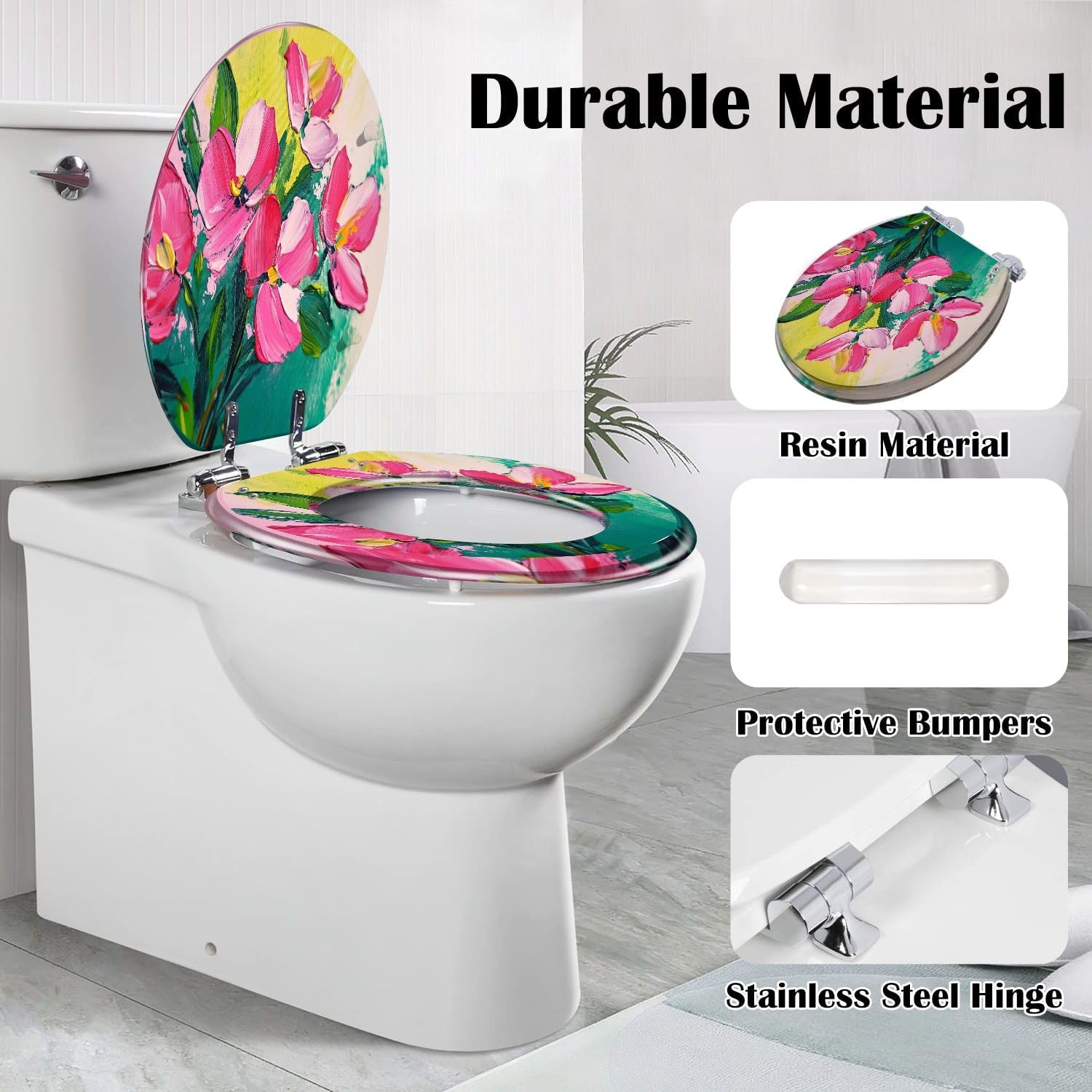 Elongated Toilet Seat drawing flowers green Oil Acrylic impressionistic style Resin Toilet Seat Slow Quiet Close with Quick-Release Hinges Toilet Seat with Cover Easy to Clean Install