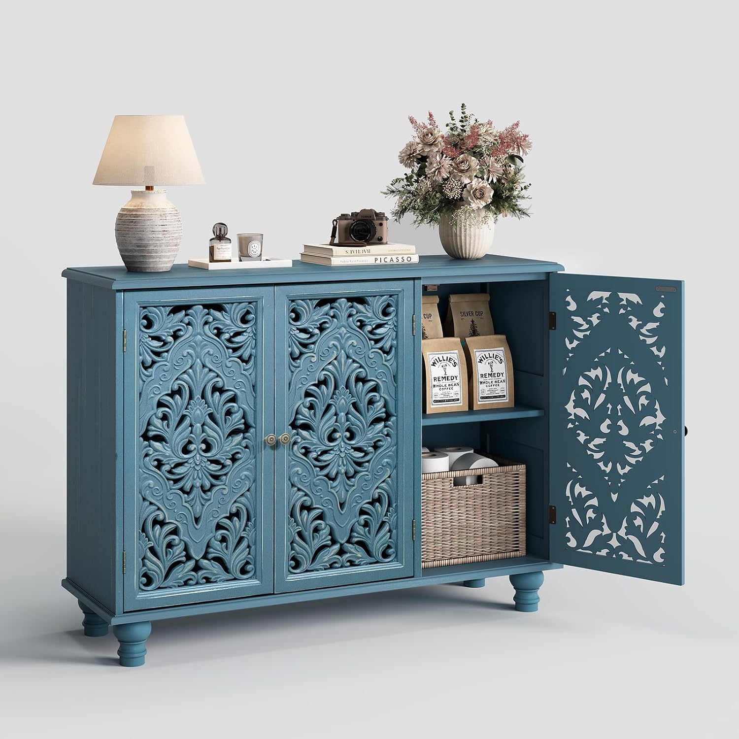 JOINICE Accent Cabinet with 3 Carved Doors, Distressed Blue Sideboard Buffet with Storage & Solid Wood Legs, 43' Vintage Console Table for Living Room, Entryway, Coffee Bar, Hallway