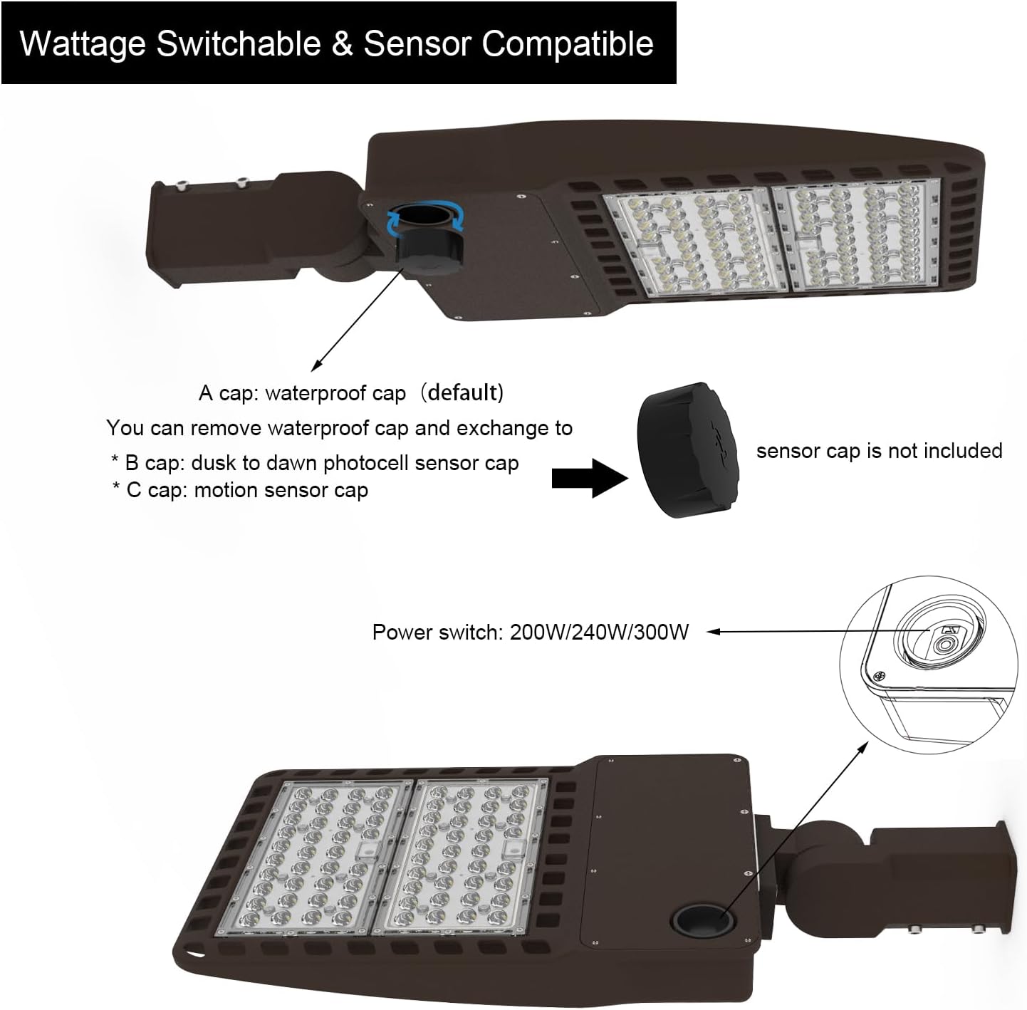 Power Adjustable 200W 240W 300W 277V 480V LED Parking Lot Light Exterior Bronze Street Pole Shoebox Lighting Fixtures 5000K for Sport Court, 600W-1000W MH HPS Equal (Slip Fitter Mount)