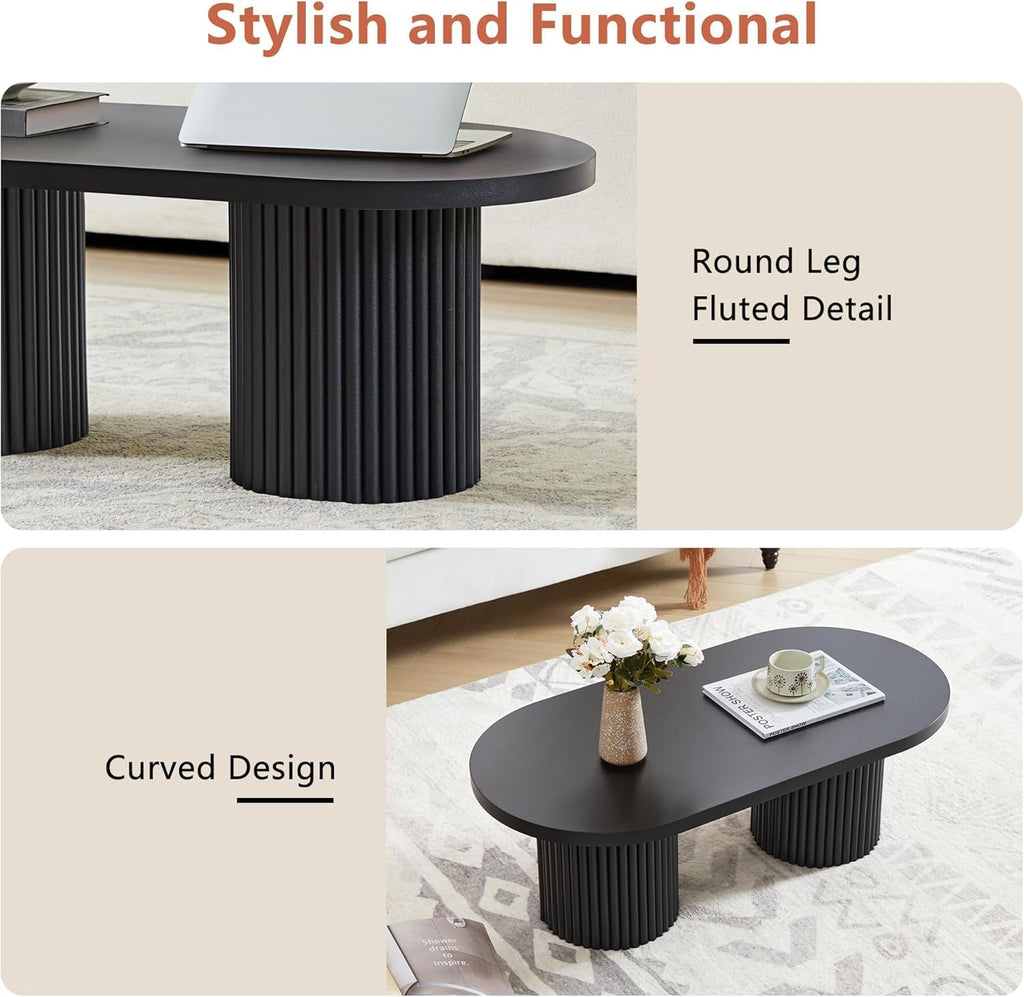 Small Fluted Coffee Table, Farmhouse Oval Wood Coffee Table Mid Century Modern Center Table Boho Living Room Tables for Living Room, Black