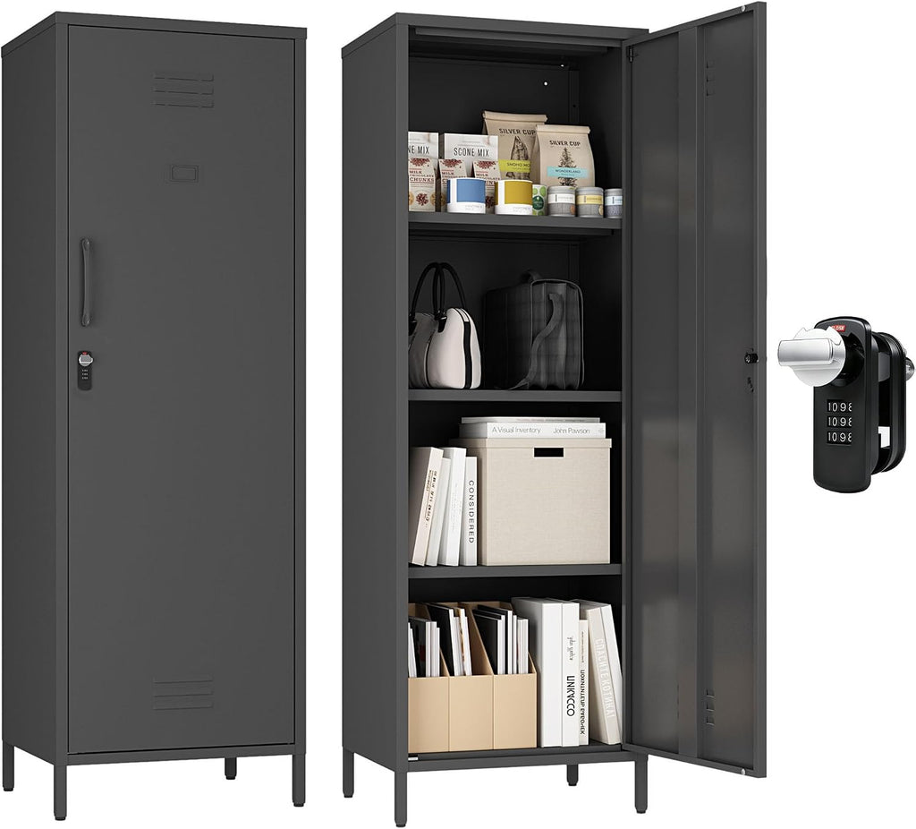 Steehoom Metal Storage Cabinet with Lock, Lockable Metal Single Door Cabinet Steel File Locker with 3 Adjustable Shelves 59.06-inch high for School, Living Room, Home, Office, Pantry (Black, H59.06'')