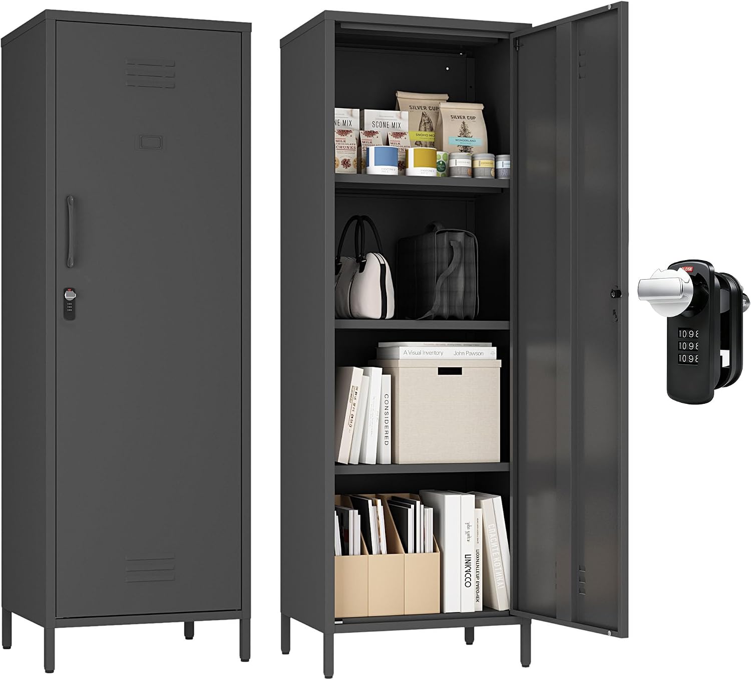 Steehoom Metal Storage Cabinet with Lock, Lockable Metal Single Door Cabinet Steel File Locker with 3 Adjustable Shelves 59.06-inch high for School, Living Room, Home, Office, Pantry (Black, H59.06'')