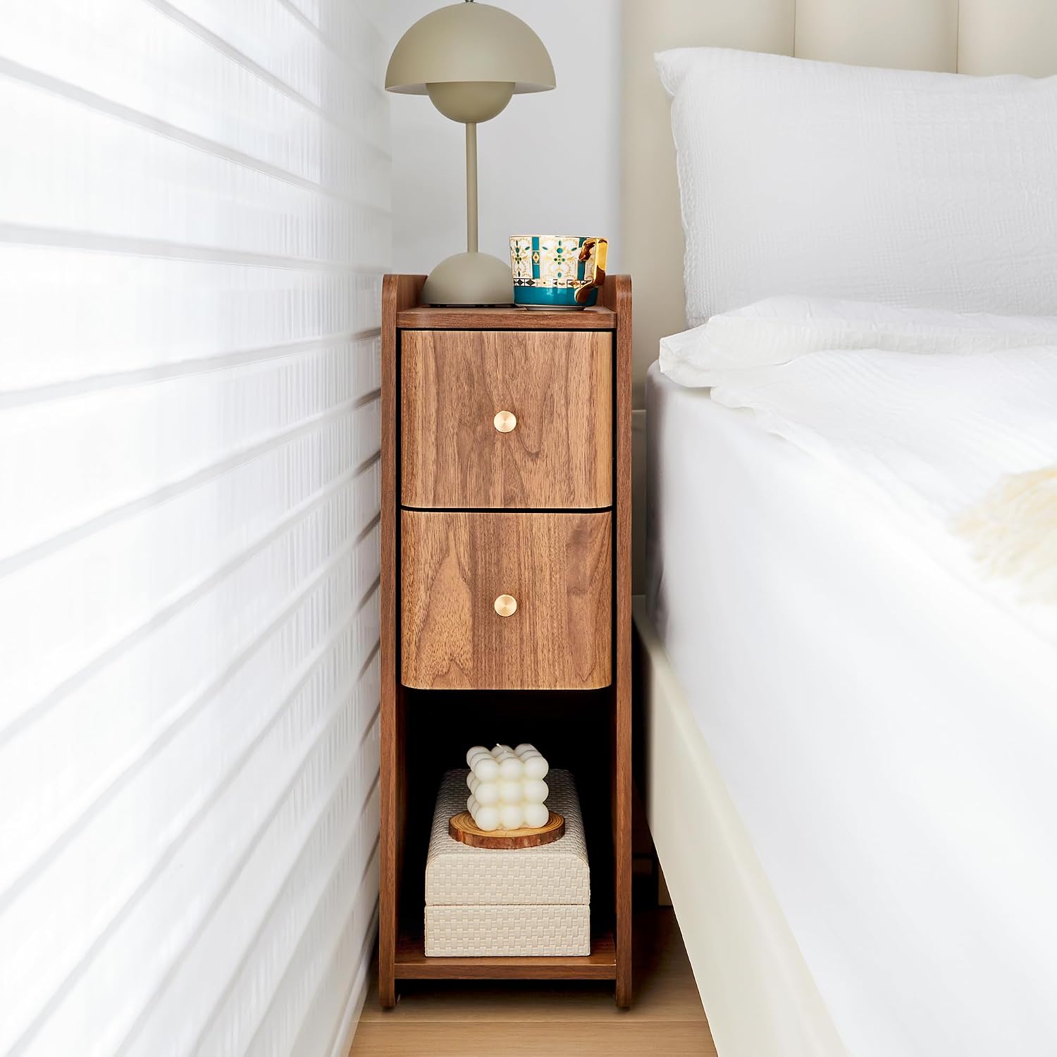 Narrow Nightstand Set of 2, Wooden Small 2 Drawer Nightstand, Slim Side End Table, Skinny Bedside Table, Mid Century Modern Night Stand with Drawers, for Bedroom (Walnut-2pcs)
