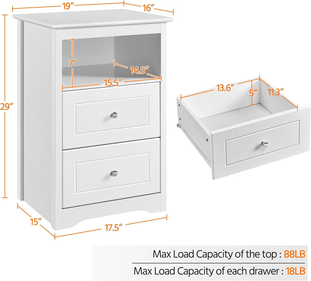 Yaheetech Bedside Table Set of 2, Tall Nightstand with 2 Drawer and Cubby, Wooden Cupboard for Bedroom Small Space, Bedside Cabinet Telephone Table, 16″ D × 19″ W × 29″ H, White