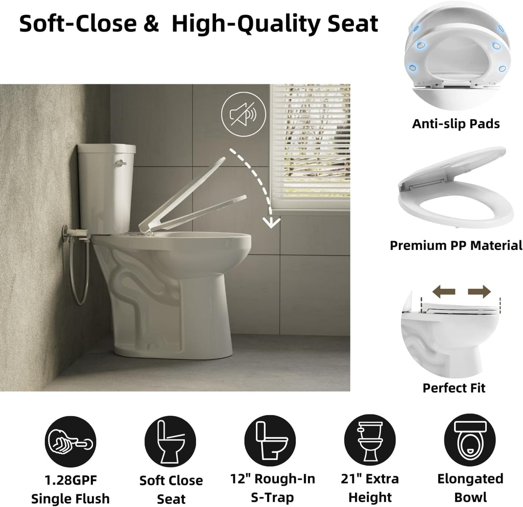 Tall Toilets For Seniors 21 Inch, Los Flexi Comfort & High Toilet, Elongated Bowl and Soft-Close Seat, 1.28 GPF Extra Tall Handicap Toilet with Efficient Siphonic Flush & 12' Rough-In