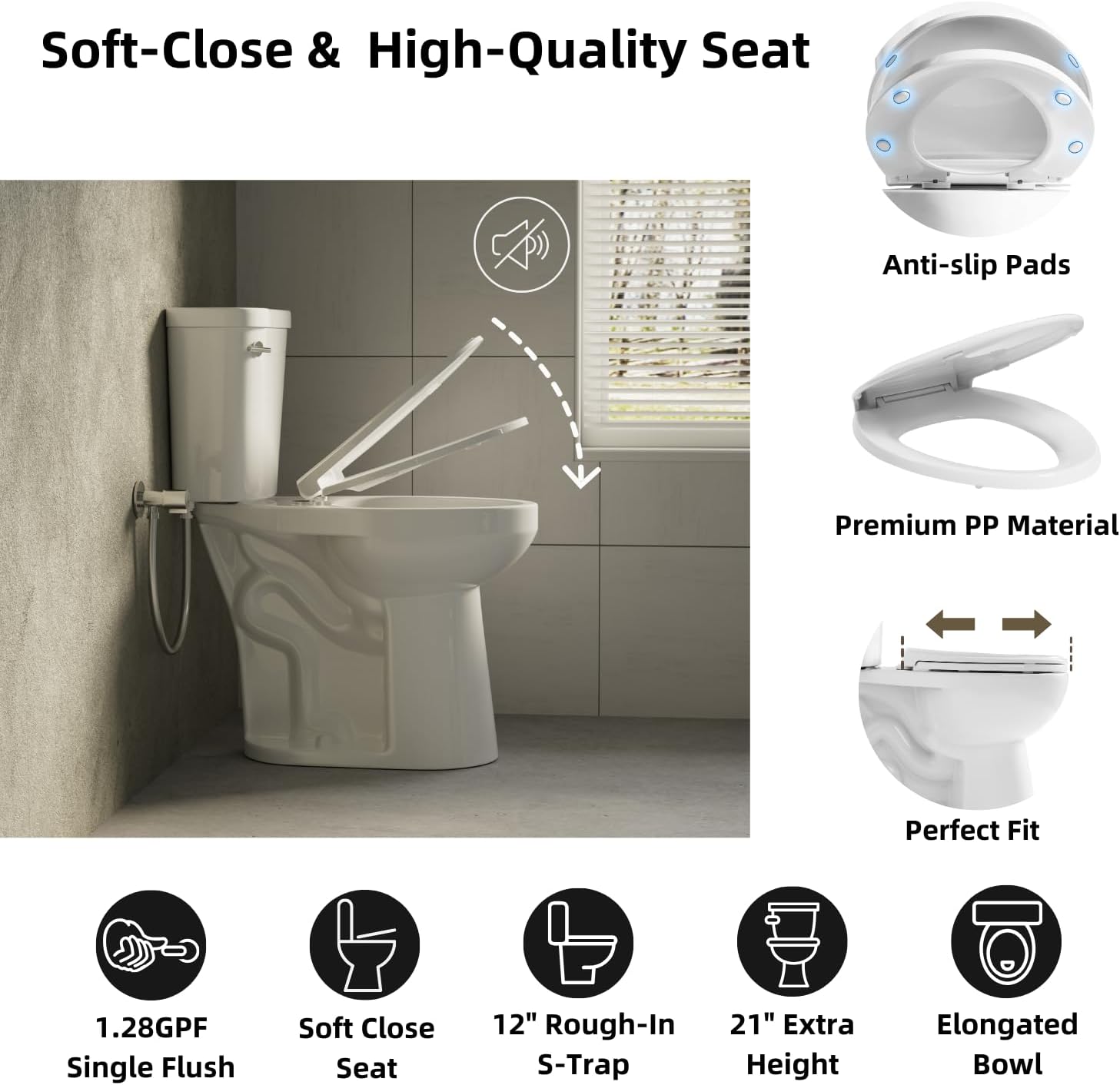 Tall Toilets For Seniors 21 Inch, Los Flexi Comfort & High Toilet, Elongated Bowl and Soft-Close Seat, 1.28 GPF Extra Tall Handicap Toilet with Efficient Siphonic Flush & 12' Rough-In
