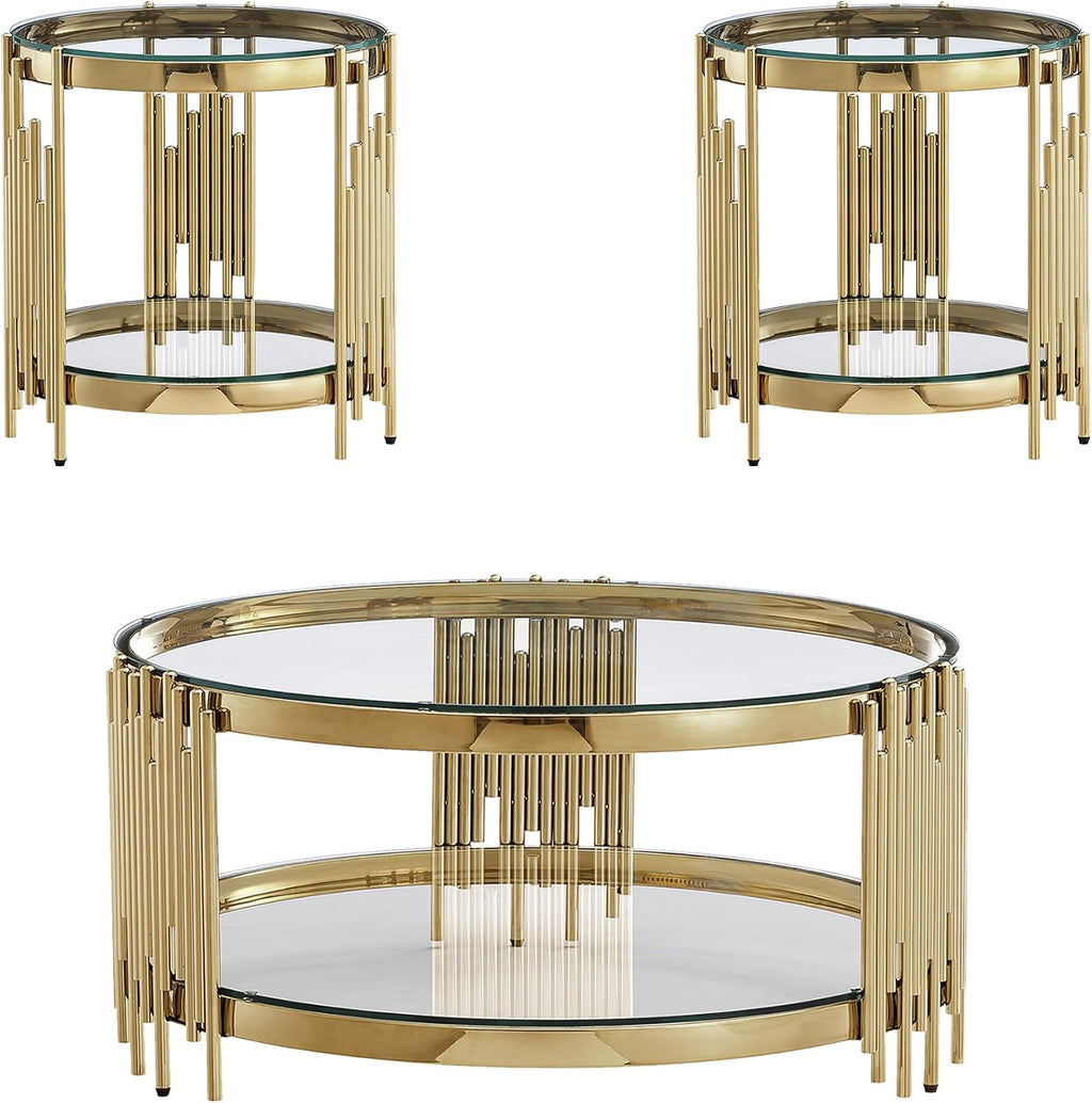 Round Glass Coffee Table Set of 3, Gold Living Room Table Set with Coffee Table and 2 End Table, 2-Tier Glass Table with Stainless Steel Legs and Clear Tempered Glass for Living Room