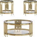 Round Glass Coffee Table Set of 3, Gold Living Room Table Set with Coffee Table and 2 End Table, 2-Tier Glass Table with Stainless Steel Legs and Clear Tempered Glass for Living Room