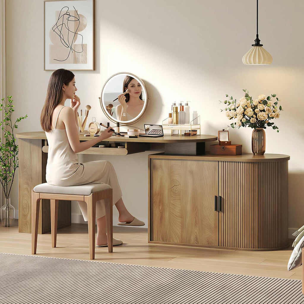 HSH L Shaped Computer Desk with Storage Cabinet, Reversible Office L Desk with Keyboard Tray and Open Shelves, Home Office Corner Executive Desk with Power Outlet, Annual Ring Wood, 60 Inch
