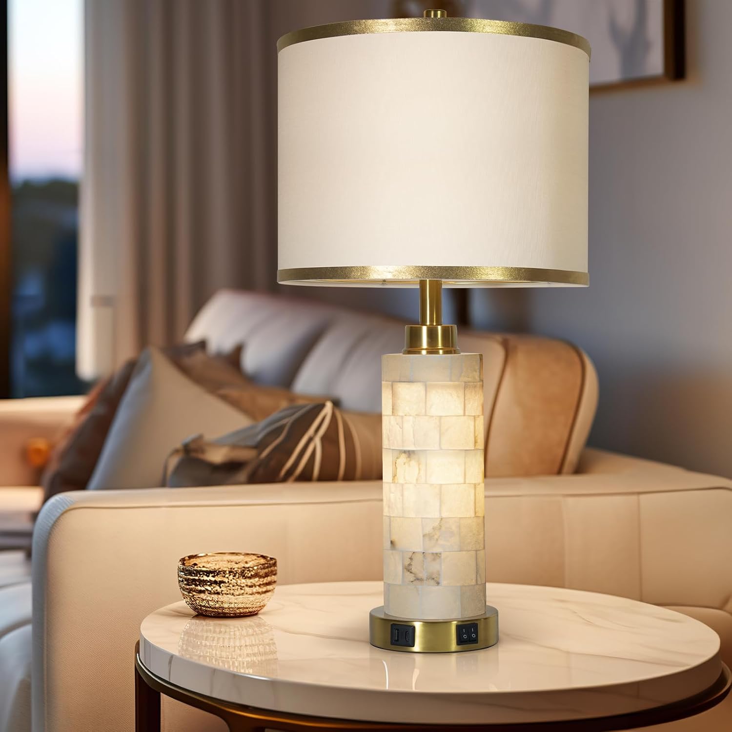 KIVDITZO 27' Alabaster Table Lamps Set of 2, Lamps for Living Room Bedroom,Bedside Lamps with Night Light,Nightstand Lamp with USB A+C Ports,Modern Table Lamp with Linen Shade (Bulbs Included)