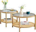 Boho Rattan Coffee Table Set of 2, Round Glass Living Room Table Set, Modern Simple 2 Tier Middle Center Table for Small Space Living Room Bedroom Office Meeting Room