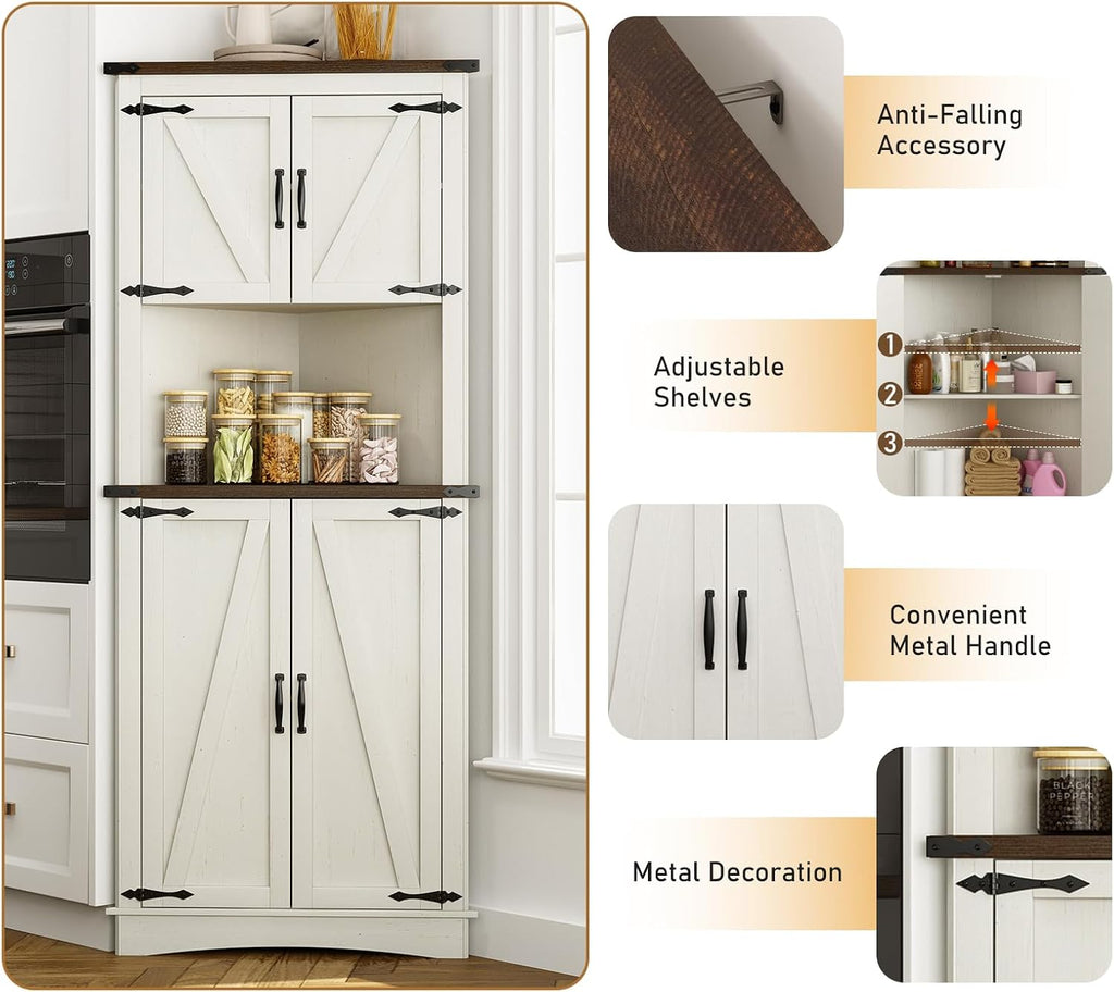 chartustriable 68' Tall Farmhouse Corner Cabinet, 28.3' Corner Storage Cabinet with 4 Doors and Adjustable Shelves, Tall Barn Door Cabinets with 5 Storage Shelves, for Kitchen, Bathroom, Antique White