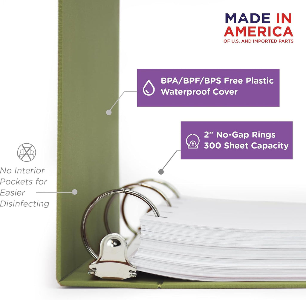Carstens 2-Inch Heavy Duty 3-Ring Binder - Side Opening, Sage, Durable Plastic, No-Gap Rings, Waterproof Covers, No Pockets, Holds 300 Letter-Sized Sheets, BPA-Free, Made in USA (5826-3R), Case of 16