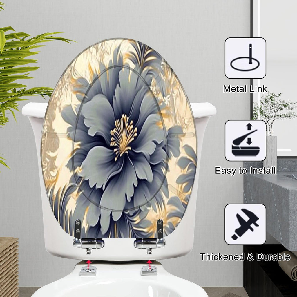 Elongated Toilet Seat Abstract artistic flowers branches gold canvas Brush Oil Resin Toilet Seat Slow Quiet Close with Quick-Release Hinges Toilet Seat with Cover Easy to Clean Install