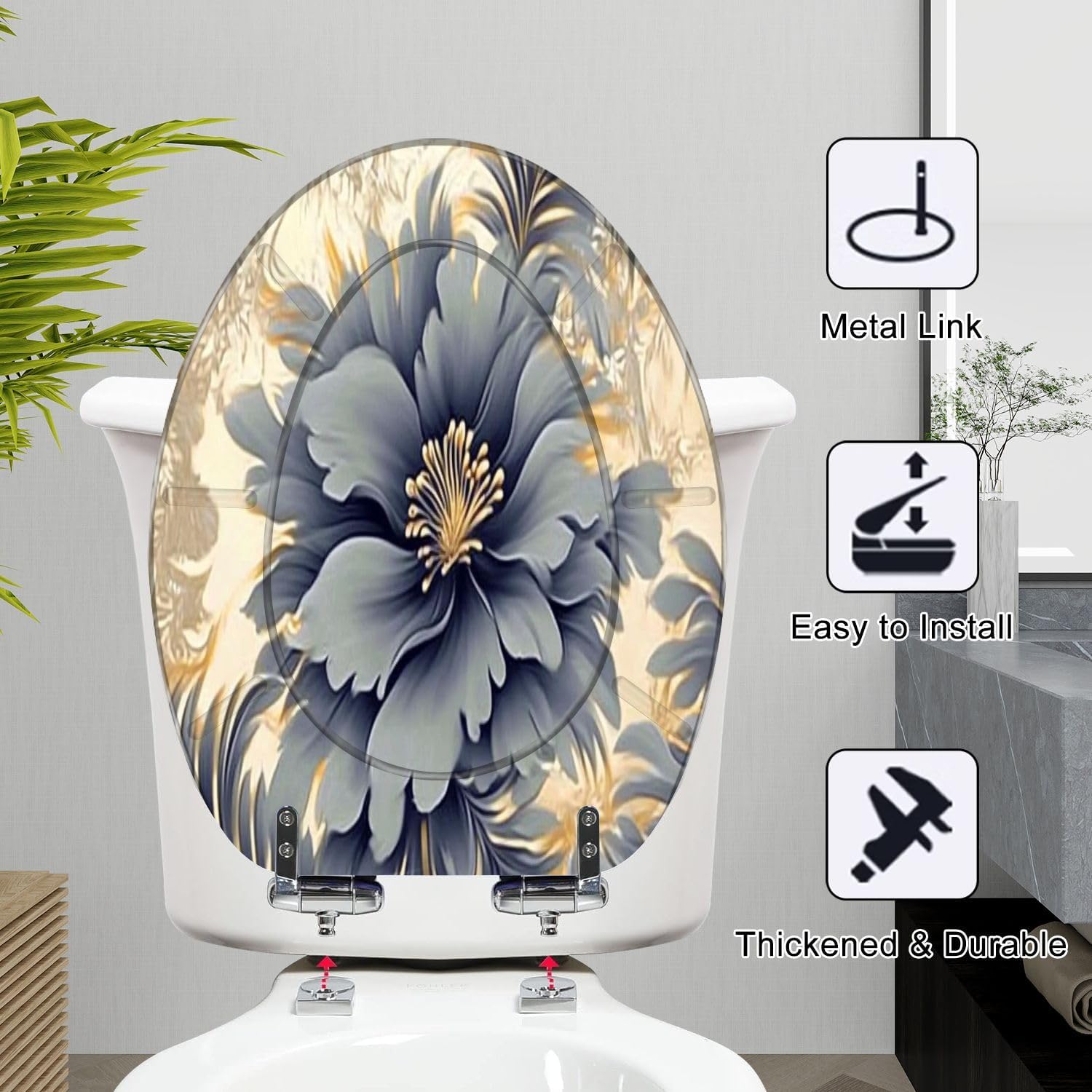 Elongated Toilet Seat Abstract artistic flowers branches gold canvas Brush Oil Resin Toilet Seat Slow Quiet Close with Quick-Release Hinges Toilet Seat with Cover Easy to Clean Install