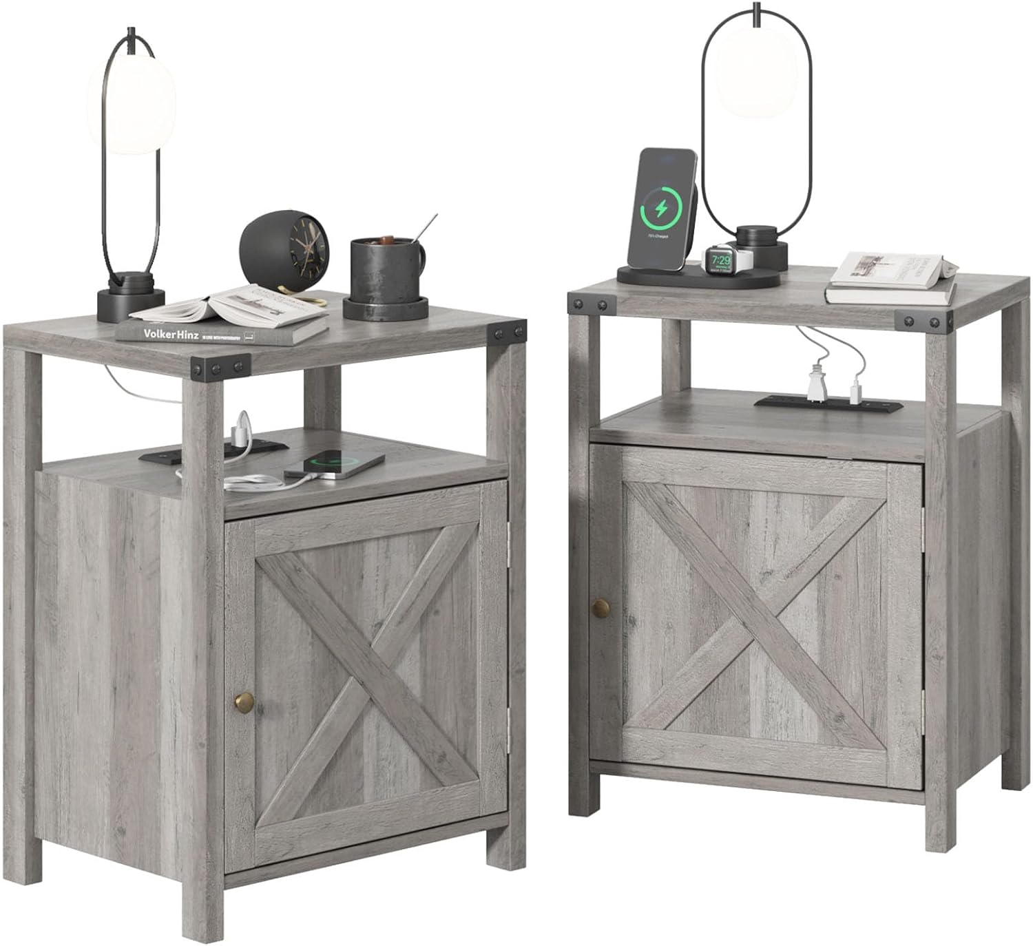 Fameill Nightstands Set of 2, Night Stand with Charging Station, Bed Side Table with Storage Cabinet, Farmhouse End Table for Living Room with USB Ports and Outlets, Gray