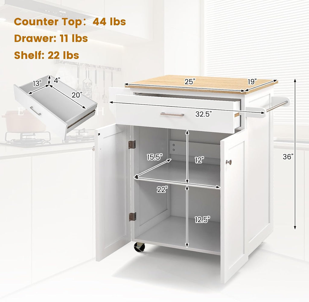 Kitchen Island, Rolling Kitchen Carts on Wheels with Storage Cabinet, Drawer, Spice Rack, Towel Bar, Modern Serving Trolley Cart Island Table for Dining Room, White, 32.5' L x 19' W x 36' H