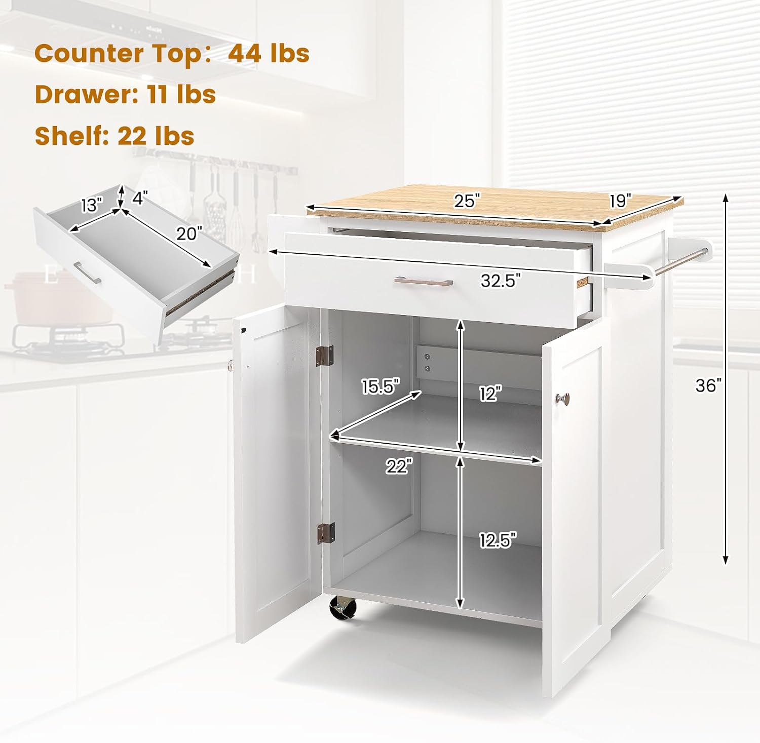 Kitchen Island, Rolling Kitchen Carts on Wheels with Storage Cabinet, Drawer, Spice Rack, Towel Bar, Modern Serving Trolley Cart Island Table for Dining Room, White, 32.5' L x 19' W x 36' H