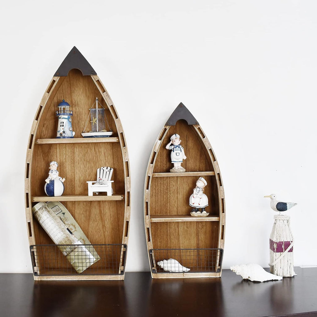 2 Set Wood Boat Shelf Standing Decor, Nautical Wall Hanging Canoe for Beach Theme Bathroom Living Room Baby Nursery Floor Tabletop Coastal Farmhouse Lake House Decor