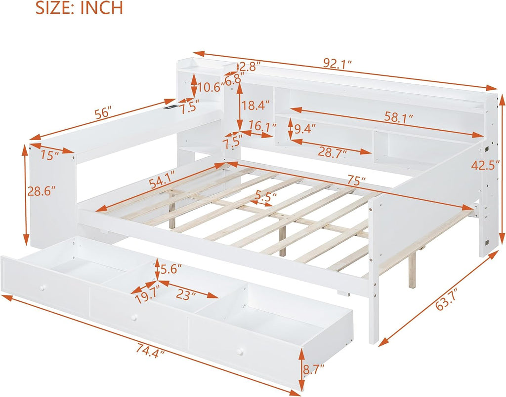 SOFTSEA Full Size Daybed with Storage Drawers & Bokcase, Wood Daybed with Desk, Bookcase & USB Ports for Kids Teens Adults, L Shaped Bed Frame with Convertible Headboard for Bedroom Living Room, White