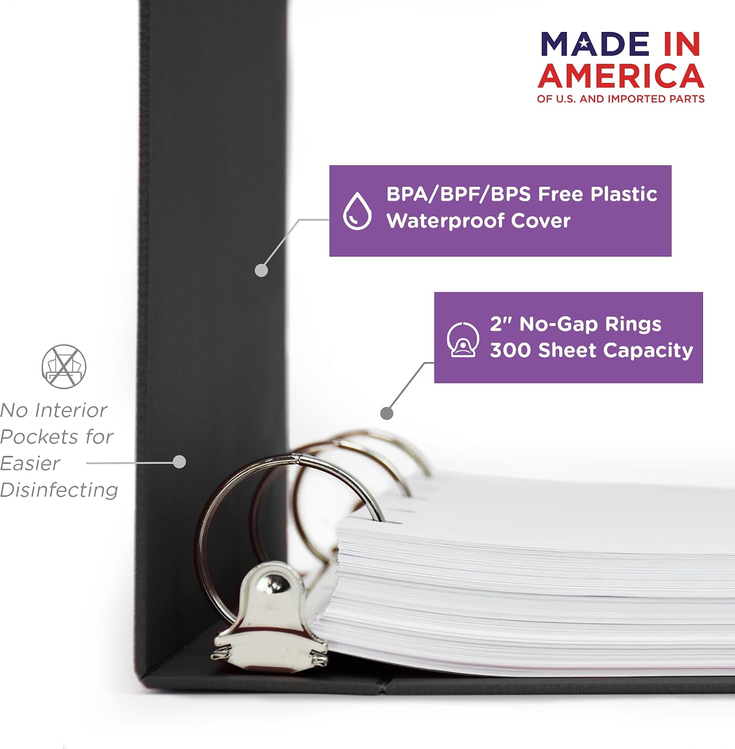 Carstens 2-Inch Heavy Duty 3-Ring Binder - Side Opening, Black, Durable Plastic, No-Gap Rings, Waterproof Covers, No Pockets, Holds 300 Letter-Sized Sheets, BPA-Free, Made in USA (5829-3R), Case of 16