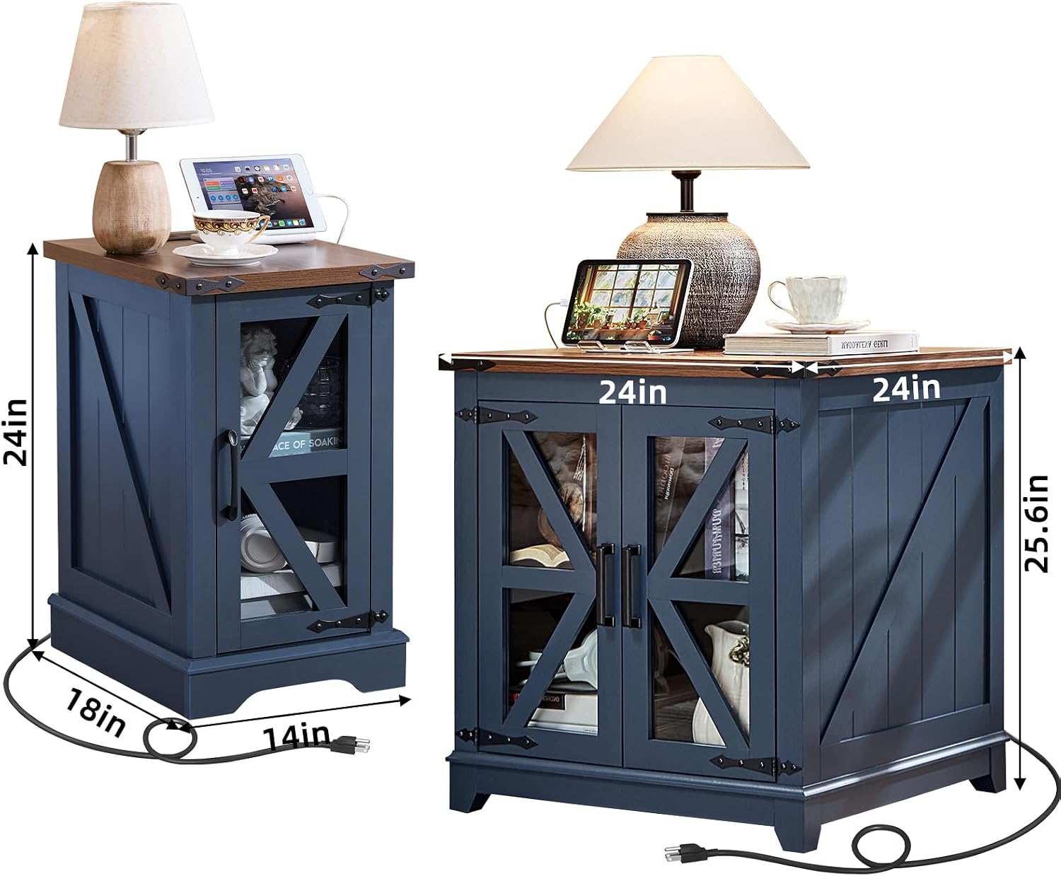 Joaxswe End Table Set 3 with Charger Station, Farmhouse 18'' Narrow Night Stand and 24' Square Side Table with Glass Barn Door Storage, Wood Nightstand Bedside Tables for Living Room Bedroom