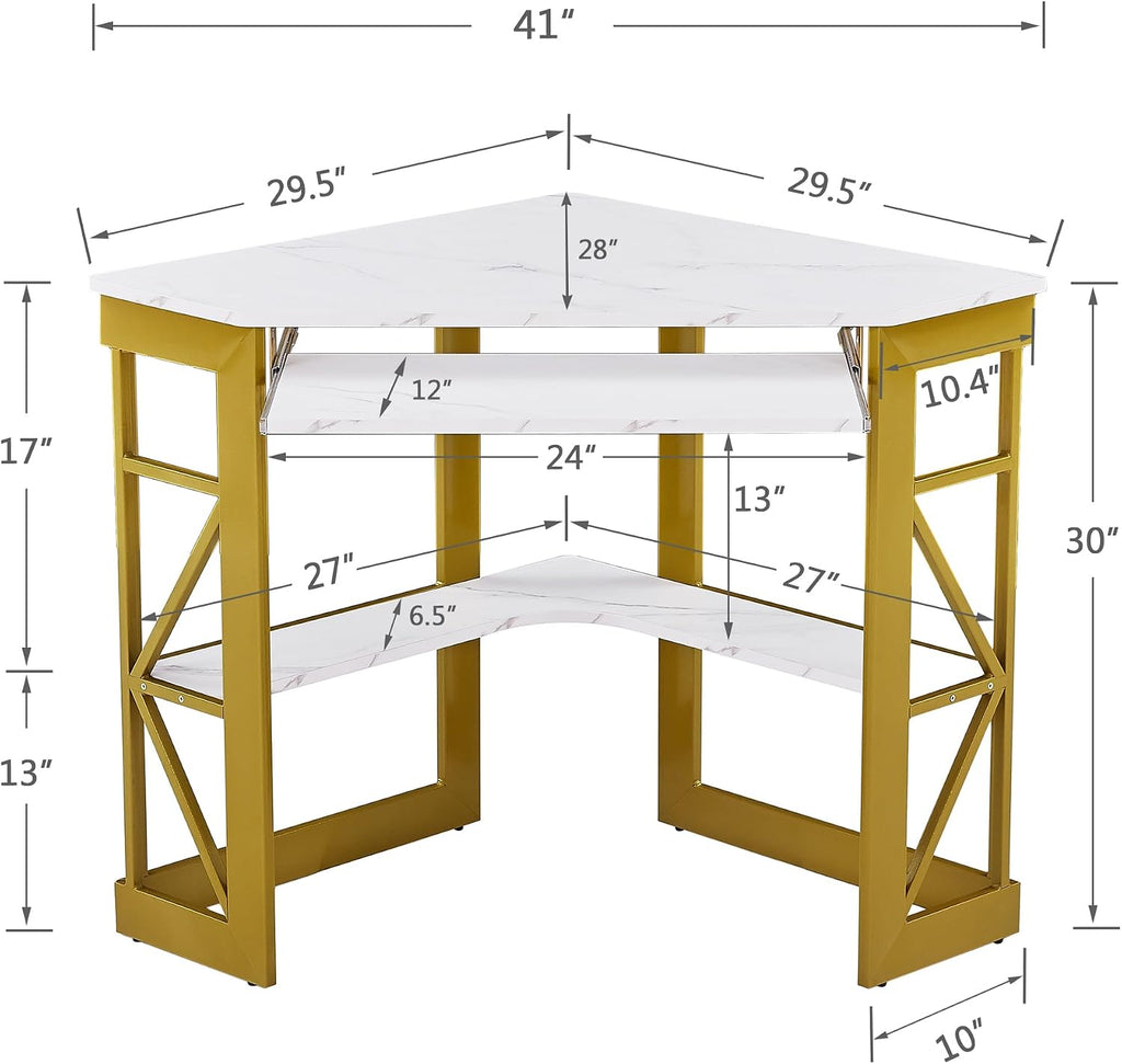 VECELO Corner Desk Computer Desk Writing Table with Smooth Keyboard Tray & Storage Shelves for Small Spaces,Compact Home Office Triangle Table,Gold & White