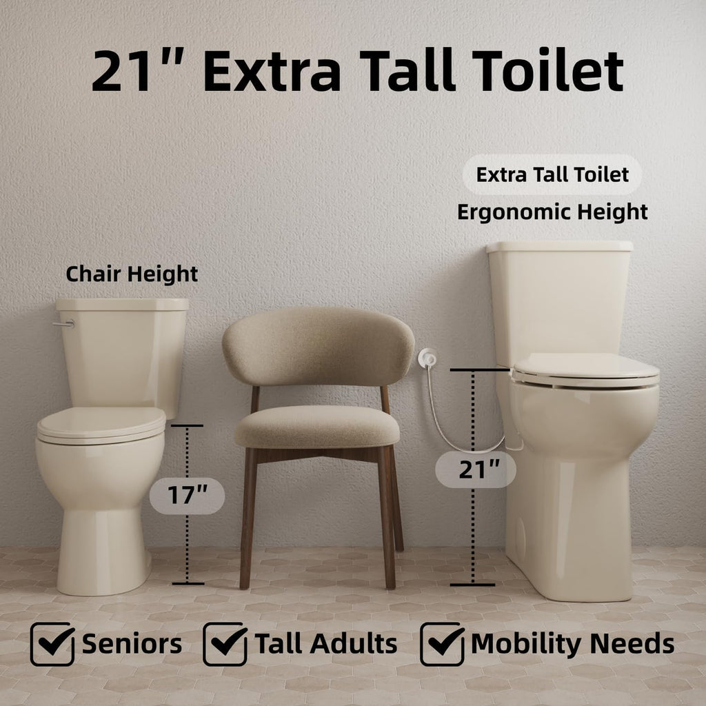 21 Inch Extra Tall Toilet for Seniors, Los Flexi Beige Toilet Two Piece With Skirted Design, 1.1/1.28 GPF Dual Flush, Powerful Siphon Jet, Soft-Close Seat and Quick Install, Bone Color, 12'' Rough-In
