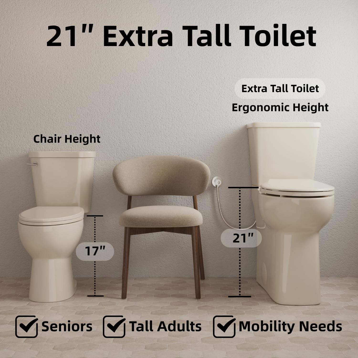 21 Inch Extra Tall Toilet for Seniors, Los Flexi Beige Toilet Two Piece With Skirted Design, 1.1/1.28 GPF Dual Flush, Powerful Siphon Jet, Soft-Close Seat and Quick Install, Bone Color, 12'' Rough-In