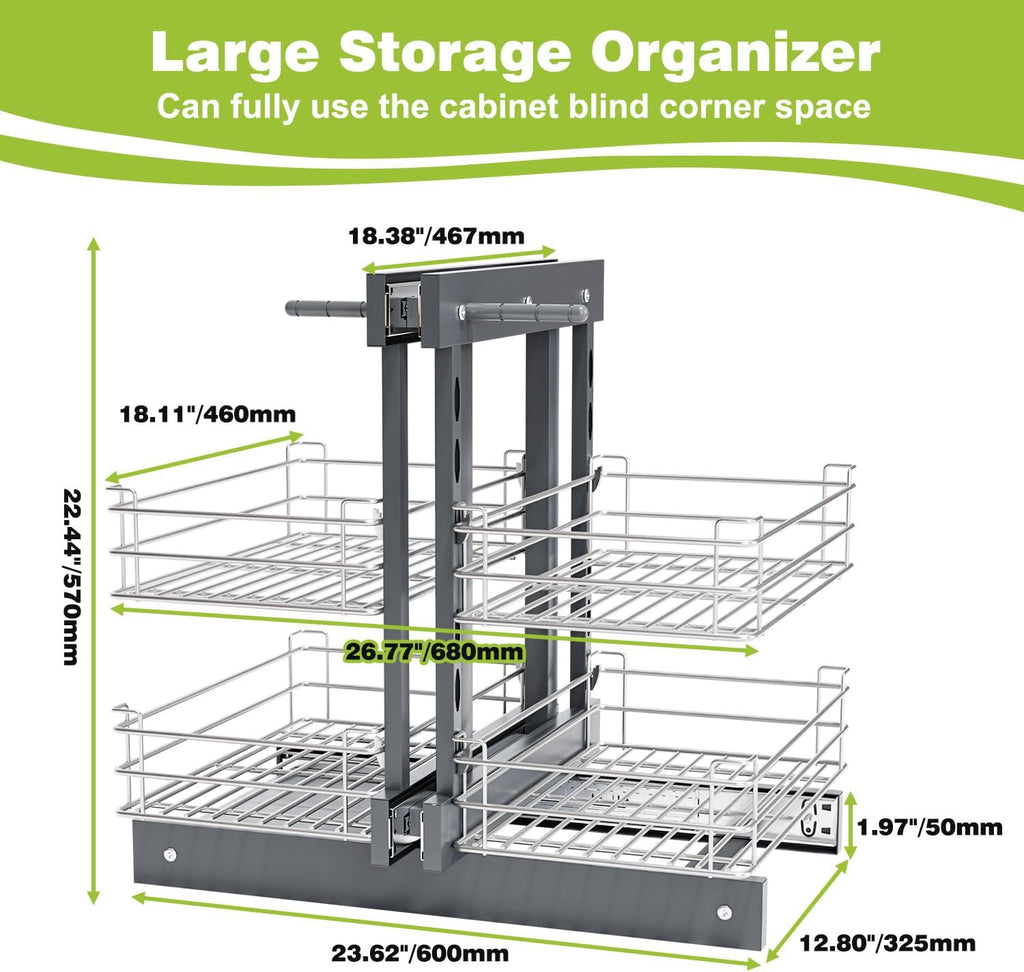 Blind Corner Pull Out Organizer for 36' Cabinet Left Open & Right Open Compatible 2 Tier 4 Shelves Adjustable Height