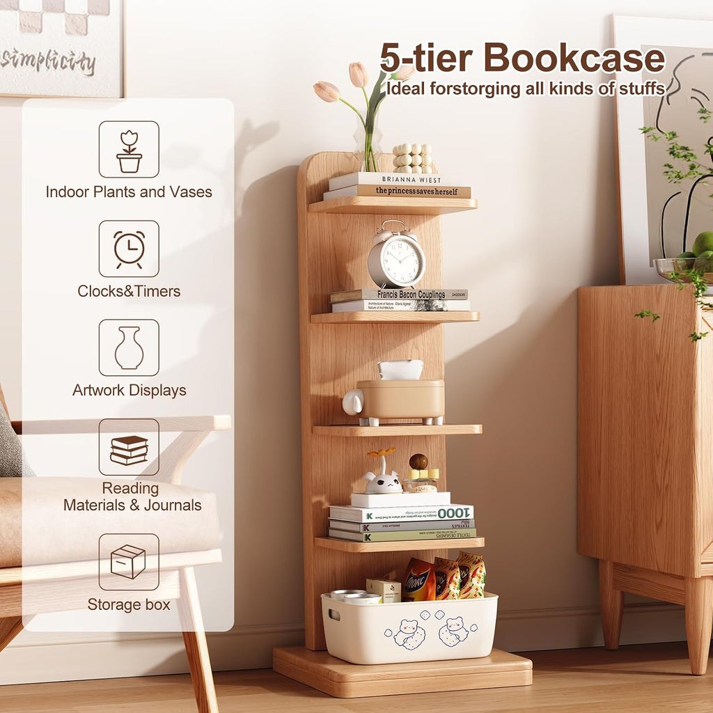 WoodsWhisper Solid Wood 5-Tier Narrow Bookshelf Small Spaces Open Storage | Solid Wood | Narrow Design | 5 Tier Storage | Anti-Tip | Easy Assembly