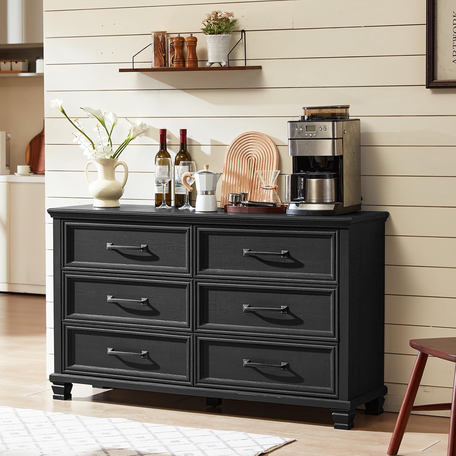 SAVOR LIFE Farmhouse Black 6 Drawer Dresser for Bedroom, 54 inch Wide Vintage Large Chest of Drawers with Square Wood Legs, Rustic TV Console for Living Room, Wooden Storage Closet Dressers for Home