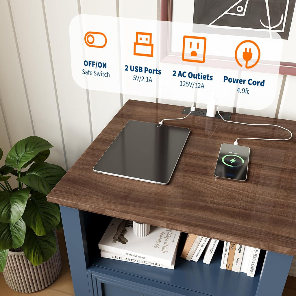 IDEALHOUSE 18in Nightstand Set of 2 with Charging Station, Farmhouse Bed Side Table Wood End Table with 2 Drawers and Open Shelf for Bedroom Living Room, Blue