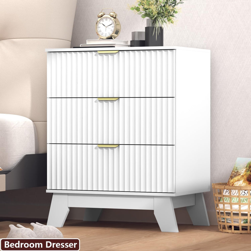 Nightstand Set of 2 with 3 Large Drawers,24' Wide End Table with Curved Metal Handles,Fluted Wood Small Dresser,Bedside Table,Modern Chest of Drawers for Bedroom,Living Room, White