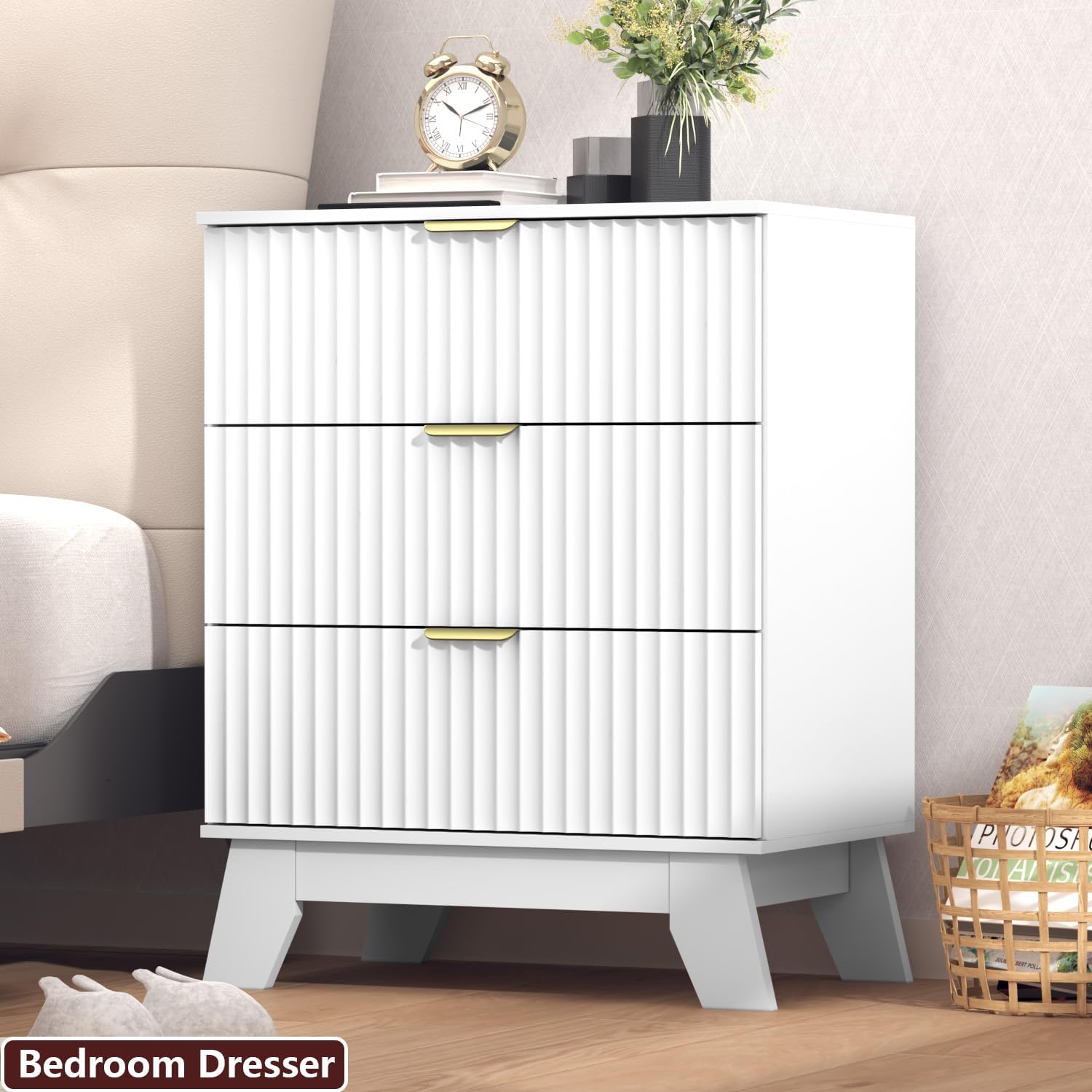 Nightstand Set of 2 with 3 Large Drawers,24' Wide End Table with Curved Metal Handles,Fluted Wood Small Dresser,Bedside Table,Modern Chest of Drawers for Bedroom,Living Room, White