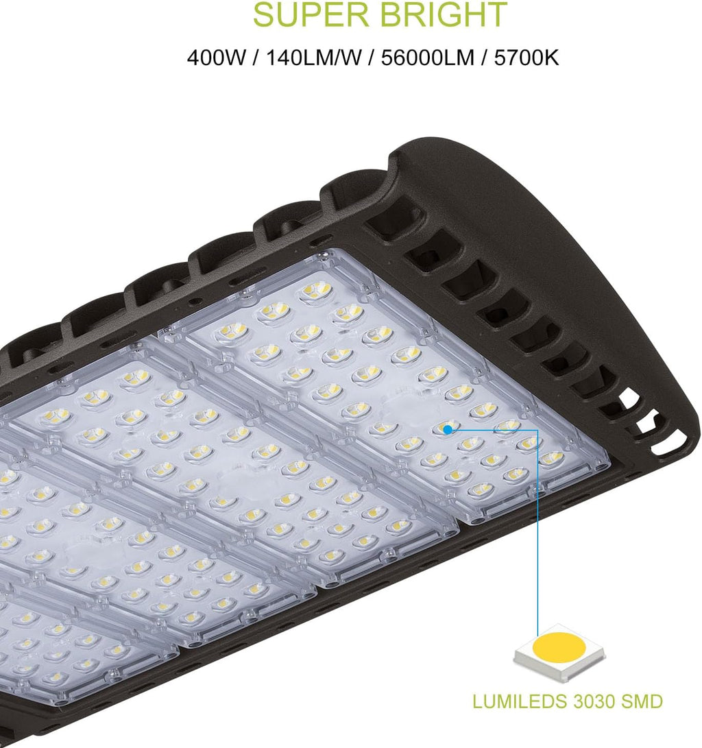 LED Parking Lot Light 400W 5700K 56000LM Commercial Shoebox Area Street Park Roadside Lighting Pole Fixture Super Bright IP65 Waterproof Outdoor Slip Fitter Mounting ETL Listed