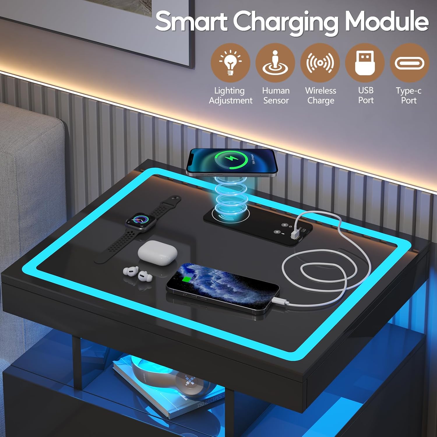 LED Nightstand with Wireless Charging Station,Black Night Stand with 2 Drawers,Glass Top Smart Bedside Table,Modern End Table Side for Bedroom,Living Room,Office