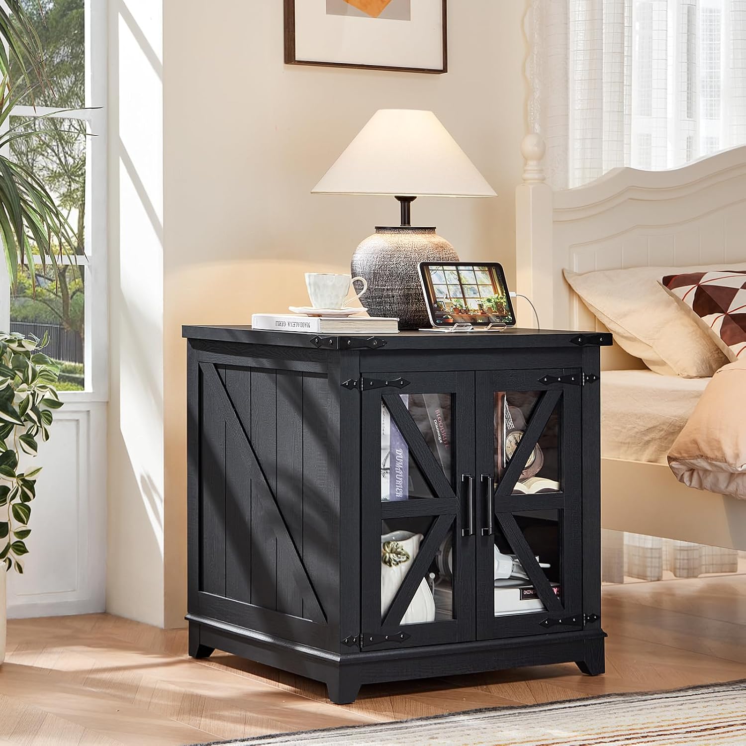 Joaxswe Farmhouse End Table Set 2, Narrow 18'' Night Stand with Glass Barn Door, 24' Square Side Table with Charger Station, Living Room Furniture Sets, Wood Nightstand Bedside Tables for Bedroom